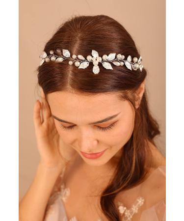 Deniferymakeup Leaf Bride Wedding Hair Vine Pearl Headpiece Bridal Headband Wedding Hair Accessory for Women and Girls (Silver) - Buy Online on GoSupps.com