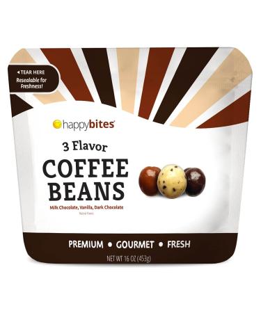 Happy Bites 3 Flavor Espresso Coffee Beans (16 oz) - Milk Chocolate, Dark Chocolate & Vanilla Covered - Resealable Pouch Bag 3 Flavor 1 Pound (Pack of 1)