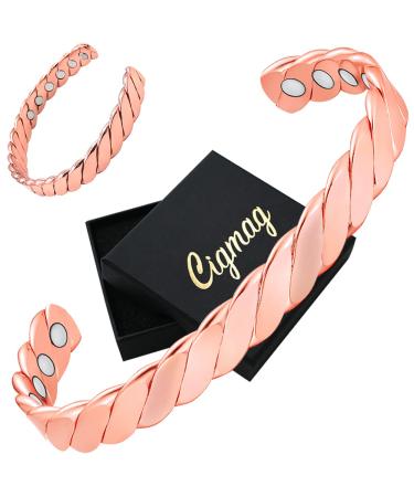 Cigmag 12X Lymphatic Drainage Copper Magnetic Bracelet for Women 99% Solid Pure Copper Ultra Strength Magnet Adjustable Brazaletes Cuff Bangle with Gift Box (Rose Gold)