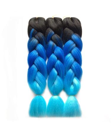 RN BEAUTY Synthetic Jumbo Braiding Hair Ombre Jumbo Braids Hair Extensions 3 Bundles Deal for Twist Crochet Weave Braid Hair Heat Resistant High Temperature Fiber 24 Inch 3 Tone Color Black/Blue/Azure
