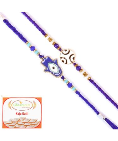 Ghasitaram Gifts Rakhi for Brother Rakhis Online - Set of 2 8928 8931 Fancy Evil Eye Rakhis with 200 GMS of Kaju katli