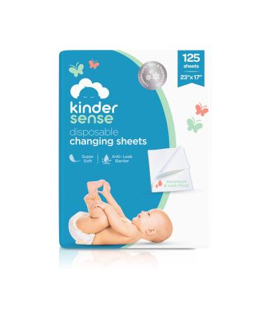 Kindersense Disposable Changing Sheets for Baby Diaper (125 Sheets) | Thin Portable Changing Pad Liners (23" x 17.5") | Paper Top Layer - Waterproof Bottom Layer | Leak Proof Infant Changing Mat Thin protective sheets