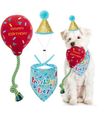 KOOLTAIL Dog Birthday Bandana Hat Balloon Plush Toy Set Cute Pet Happy Birthday Accessory Puppy Chew Toy for Dogs Cats Puppies Light Blue