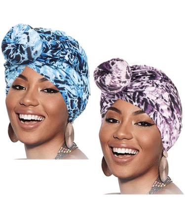 Woeoe Pre-Tied Cotton Cap Headwear Leopard Print African Head Wraps Knot Soft Headband Scarves Stretch Fabric Head Scarf for Women and Girls (Pack of 2)