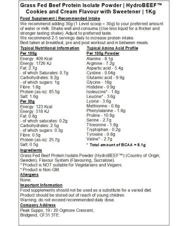 Grass Fed Beef Protein Isolate 95% - HydroBEEF | Cookies & Cream Flavour (1kg) Cookies & Cream 1kg - Buy Online on GoSupps.com