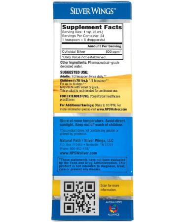 Natural Path Silver Wings Colloidal Silver Extra Strength 500 PPM - 4 fl oz (120 ml) | Immune Support & Wellness - Buy Online on GoSupps.com