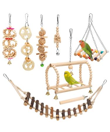 8 Packs Bird Parrot Swing Hanging Toy,Natural Wood Bell Bird Cage Toys for Parrots, Parakeets, Cockatiels, Conures, Finches,Budgie,Parrots, Love Birds, Australian Parrot, Small Birds