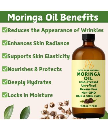 Pomberries Moringa Oil 100% Pure Cold-Pressed & Unrefined Moringa Seed Oil for Face Skin Hair & Body Hydrating Anti-Aging Moisturizer 16 fl oz Amber Glass Bottle with Pump - Buy Online on GoSupps.com