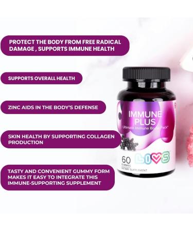 LIVS Immune Plus Gummies Elderberry Extract with Vitamin C D3 & Zinc | Plant Based Immune Support Supplements for Adults & Kids | Gluten Free & Chewable Elderberry Flavored Gummy Vitamins - 120 Ct Immune Plus 1 Count (P  - Buy Online on GoSupps.com