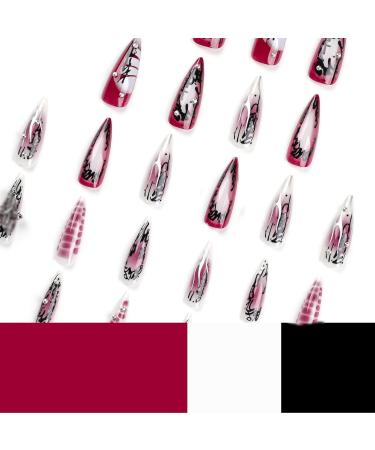 IMSOHOT Long Gothic Stiletto Press-On Nails - Black Red Ombre Glossy False Nails with Metal Cross Charms | 24PCS Reusable Almond Acrylic Full Cover - Buy Online on GoSupps.com