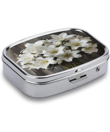 White Lily Bouquet Pill Box | 2 Compartment Decorative Metal Pill Organizer for Pocket & Purse - International Shipping Available - Buy Online on GoSupps.com