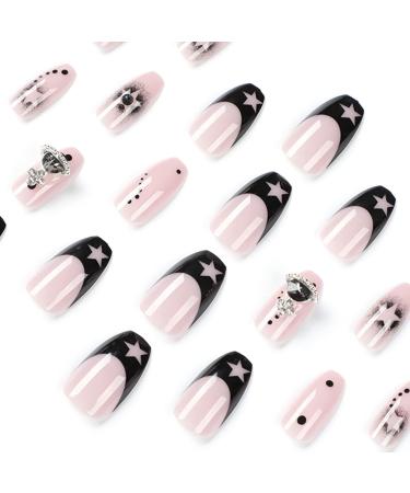 BABALAL Coffin Press on Nails - Black French Ballerina Acrylic with Star Design - 24Pcs - Buy Online on GoSupps.com