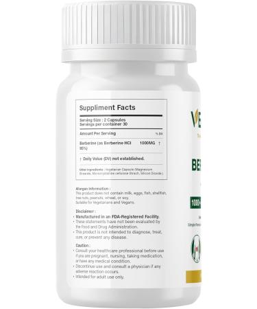 VEYORA Berberine HCl 1000 mg | 60 Vegan Capsules | Pure Berberine Hydrochloride | Plant-Based Clean Label | Non-GMO | Gluten-Free - Buy Online on GoSupps.com