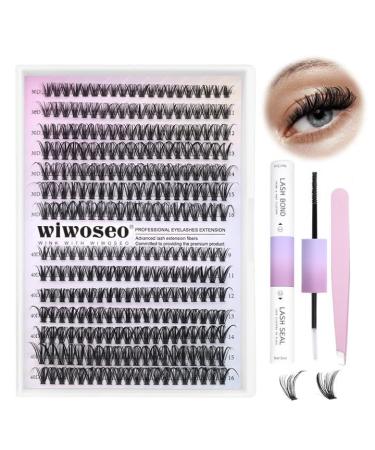 wiwoseo Russian Cluster Lashes Kit DIY Eyelash Extension Kit Individual Lashes Kit with Lash Bond and Seal and Lash Applicator Tool for Self Application at Home (0.07d 9-16mm 30p+40p) G-cluster lashes kit 9-16MM-i
