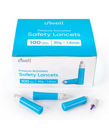OWELL Pressure Activated Safety Lancets for Diabetes Testing Disposable Pressure Lancets with a Twist-Off Lid Diabetic Lancet Device with Preloaded Sterile Needles 30g - 1.5mm 100 Count 30 Gauge x 1.5mm