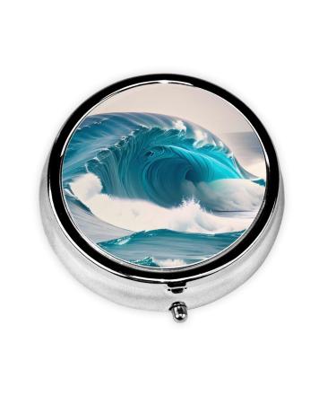 Cartoon Blue Sea Waveround Pill Box 3 Compartment Round Pill Box Organizer Portable Travel Pill Box for Traveling.