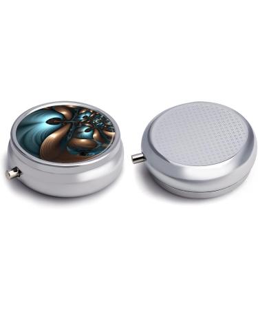 Decorative Round Pill Box - 3 Compartment Abstract Blue Brown Print | Portable Metal Pill Organizer for Travel - Buy Online on GoSupps.com