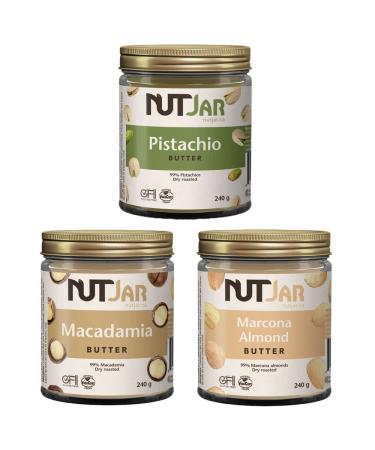 NutJar Premium Nut Butters 3 x 240 g Variety Pack Pistachio Butter Macadamia Butter Marcona Almond Butter No Added Sugars No Artificial Colours or Preservatives Vegan Gluten Free Keto Friendly Made in Canada