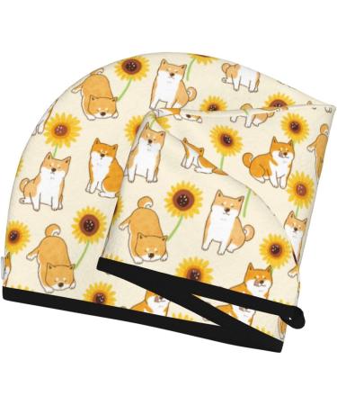 Hair Towel Wrap - Quick Drying Turban with Button | Shiba Inu & Sunflower Design - Buy Online on GoSupps.com
