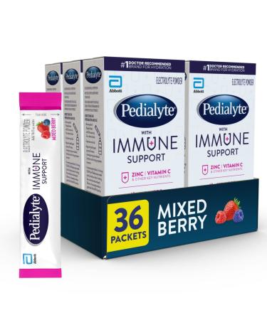 Pedialyte with Immune Support, 36 count, Electrolytes with Vitamin C and Zinc, Advanced Hydration with PreActiv Prebiotics, Mixed Berry, Electrolyte Drink Powder Packets
