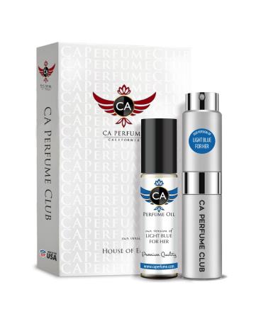 CA Perfume Duo Impression of Light Blue For Women Eau de Parfum Refillable Atomizer Sprayer + Fragrance Body Oil Long Lasting Sample Travel Size Roll-On Bottle 0.27 Fl Oz+0.33 Fl Oz