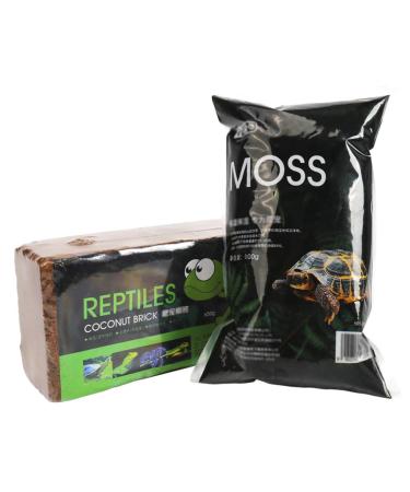 Omem reptile coconut brick dried moss set glass container bed linen mat pad turtle warm hibernation pet requirement (1 coconut earth + 1 moss) 1 Coconut Soil + 1 Moss