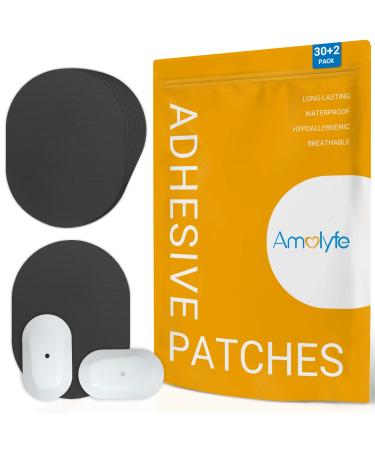 Amolyfe Waterproof Dexcom G6 Adhesive Patches 30 Pack Sensor Covers for Dexcom G6 + 2 Reusable Cap as Sensor Shield Truly Bump-Proof 10-14 Days Long-Lasting Medical Adhesive (BLK)