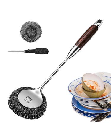 Stainless Steel Pot Brush with Long-Handle Stainless Steel Scrubbing Brush - Kitchen Cleaning Metal Stainless Steel Scrubbing Brush Non Stick Pot Steel Wire Ball