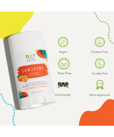 PLAY PITS - Natural Kids Whole Body Deodorant - Safe for Girls & Boys w/Sensitive Skin of All Ages - Clean Non-Toxic & Paraben Free - SONSHINE Scent - Infused w/Essential Oils 2.65 Oz Sonshine 2.65 Ounce (Pack of 2) - Buy Online on GoSupps.com