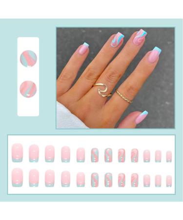 Square Short Blue French Fake Nails - 24Pcs Press On Acrylic with Pink Swirl | Nail Glue and Tips for Women & Girls - Buy Online on GoSupps.com