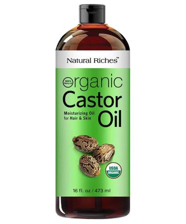 Natural Riches Organic Castor Oil Cold pressed USDA certified for Dry Skin Hair Loss Dandruff Thicker Hair - Moisturizes heals Scalp Skin Hair growth Thicker Eyelashes & Eyebrows 16 fl. oz.