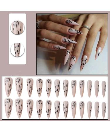 Justotry 24 Pcs Long Nude French Stiletto Fake Nails with Bamboo Patterns - Almond Stick on Nails for Women | Extra Long False Nails with Glue for Nail Art - Buy Online on GoSupps.com
