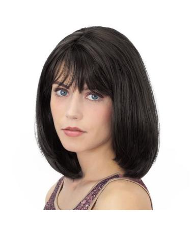 Onpep Bob Wig with Bangs Darkest Brown Short Straight Wigs for Women Shoulder Length Heat Resistant Synthetic Natural Color Wigs