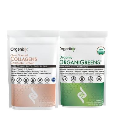 Organixx Clean Sourced Collagens (20 Servings) & OrganiGreens (30 Servings) Bundle Daily Super Greens & Protein w/Vitamin C & Zinc Supports Digestion Skin Hair Nails & Joint Health Gluten Free