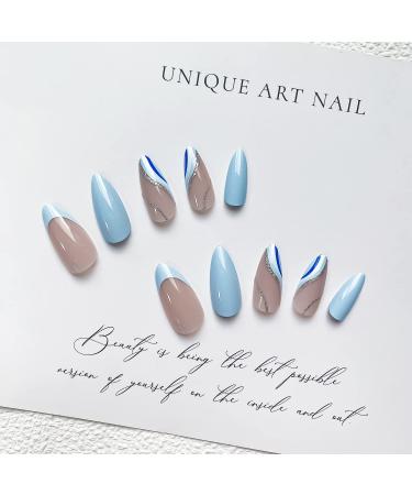 24Pcs Almond Press on Nails Medium French Tip Blue Silver Sequin Design - Glossy Acrylic Stick on False Nails for Women and Girls - Buy Online on GoSupps.com