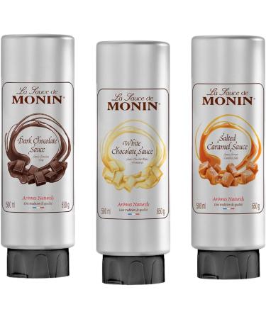 Go2 Groceries Bundle Monin Premium Chocolate Flavoured Dessert Topping Sauces (3 x 500 ml) White Dark Salted Caramel with Recipe Cards - Buy Online on GoSupps.com