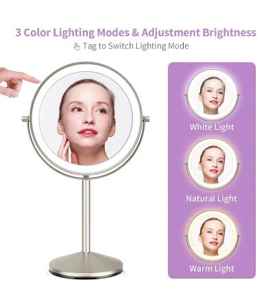 LOMRECS 8 Inch Rechargeable Lighted Makeup Mirror with 1X/10X Magnification and Dimmable LED Lights - Double Sided Vanity Mirror with 3 Color Modes - Buy Online on GoSupps.com