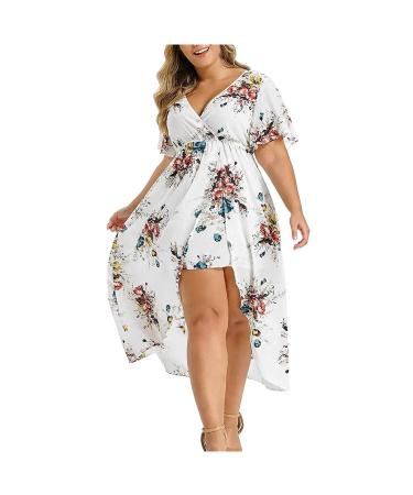 lcziwo Women's Summer Floral Print V Neck Dress Summer Boho Flowy Long Dresses Short Sleeve High Low Maxi Dress(L-5XL) White X-Large