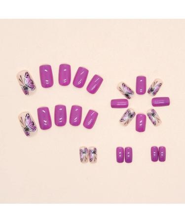 24Pcs Short French Tip Purple Butterfly Press on Nails - Glossy Acrylic Full Cover False Nails for Women and Girls - Buy Online on GoSupps.com