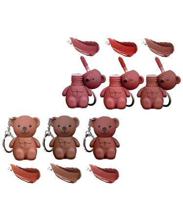 AZ.BNC 6 Colors Cute Bear Lipsticks Mist Matte Velvet 2 in 1 Key Chain Lipstick Waterproof Long Lasting Lip Gloss Cute Bear Beauty Makeup(6pcs) red