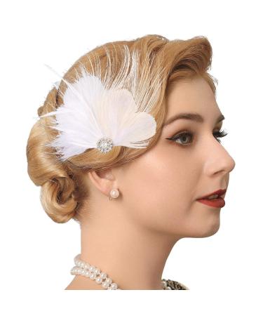 GENBREE White Feather Hair Clip 1920s Flapper Headpiece Crystal Gatsby Headband Prom Party Head Accessories for Women