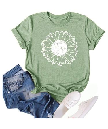 GLIGLITTR Women's Summer Sunflower T Shirt Cute Flower Graphic Loose Tees Crew Neck Short Sleeve Casual Tops Light Green Large
