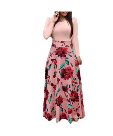 Women's Elegant Round Collar Dress Maxi Dress Swing Party Dress Cocktail Dress Floral Print Long Sleeve Tunic Dress Long Dress S Pink 1