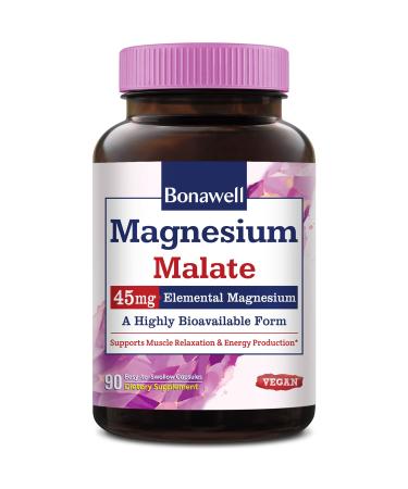 Bonawell Magnesium Malate Bonded to Malic Acid High Absorption 45mg Elemental Magnesium Muscle Relaxation & Energy Production Easy-to-Swallow Caps No Gluten Soy & Dairy Vegan & Non-GMO 90 Cts