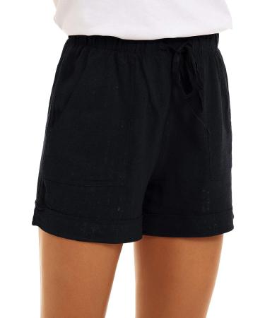 KINGFEN Women's Drawstring Cotton Shorts with Elastic Waist & Pockets - Black, Size Medium - Buy Online on GoSupps.com