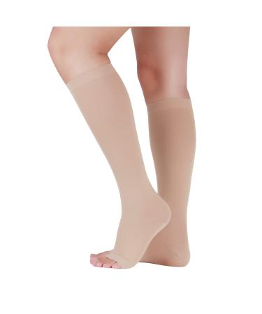 Lin Performance 20-30 mmHg Compression Socks for Women and Men Knee High Open Toe Stockings Varicose Vein Swollen legs(L, Beige) Beige L