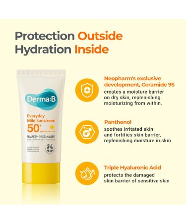 Derma B Everyday Mild Sunscreen SPF50+ PA++++ - Fast-Absorbing Lightweight Korean Sunblock for Sensitive Skin | Non-Sticky & Moisturizing Lotion for Dewy Skin - 1.69 Fl Oz - Buy Online on GoSupps.com