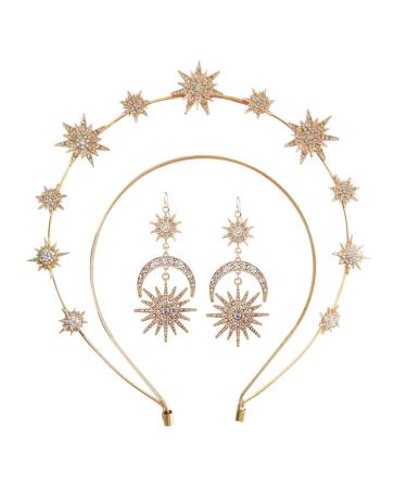 Halo Crown Stars Goddess Crown Halo Headband Tiaras and Crowns for Women Boho Bridal Wedding Headpiece (1-Gold Crown With Earrings)