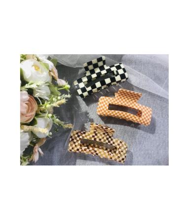 Checkered Hair Claw Clips for Women Girls Fashion Hair Clips for Styling Claw Clamps Thick Hair Retro Rectangle Shape YOEMAYUNER (3PCs 3Colors A Large Size/3.94inch)
