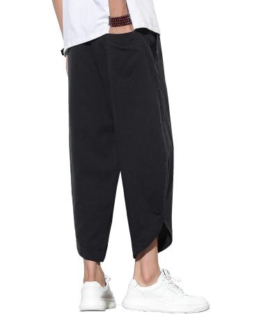 DOSLAVIDA Men's Casual Elastic Waist Linen Capri Pants Wide Leg Harem Yoga Trousers - Solid Black, Medium - Buy Online on GoSupps.com